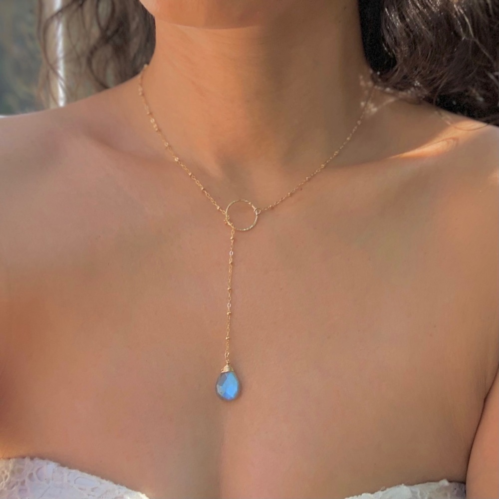 Labradorite Dainty Chain Circle Lariat